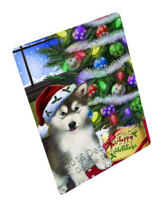 Christmas Happy Holidays Alaskan Malamute Dog with Tree and Presents Art Portrait Print Woven Throw Sherpa Plush Fleece Blanket