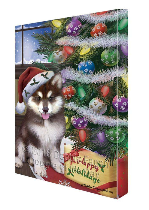 Christmas Happy Holidays Alaskan Malamute Dog with Tree and Presents Canvas Print Wall Art Décor CVS102032