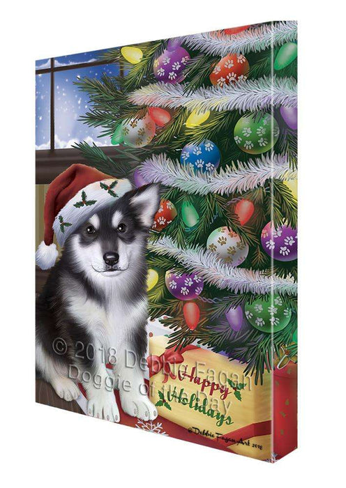 Christmas Happy Holidays Alaskan Malamute Dog with Tree and Presents Canvas Print Wall Art Décor CVS102041