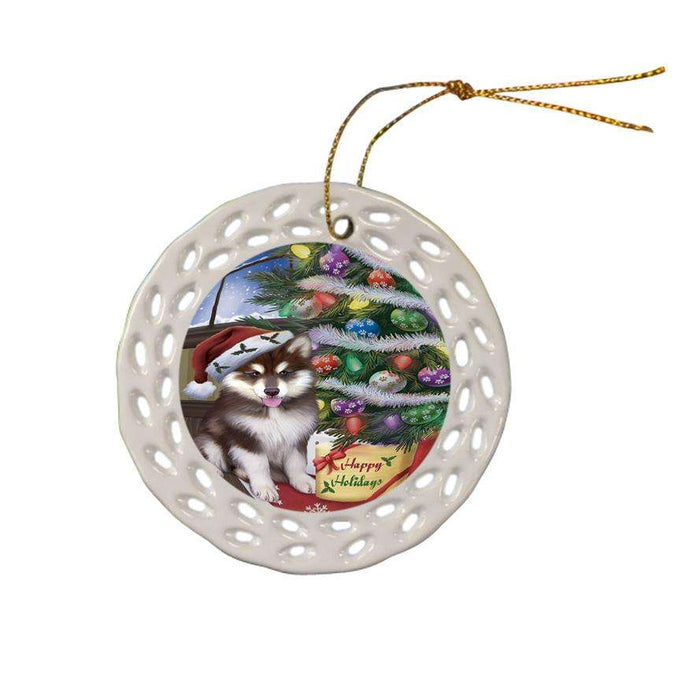 Christmas Happy Holidays Alaskan Malamute Dog with Tree and Presents Ceramic Doily Ornament DPOR53798
