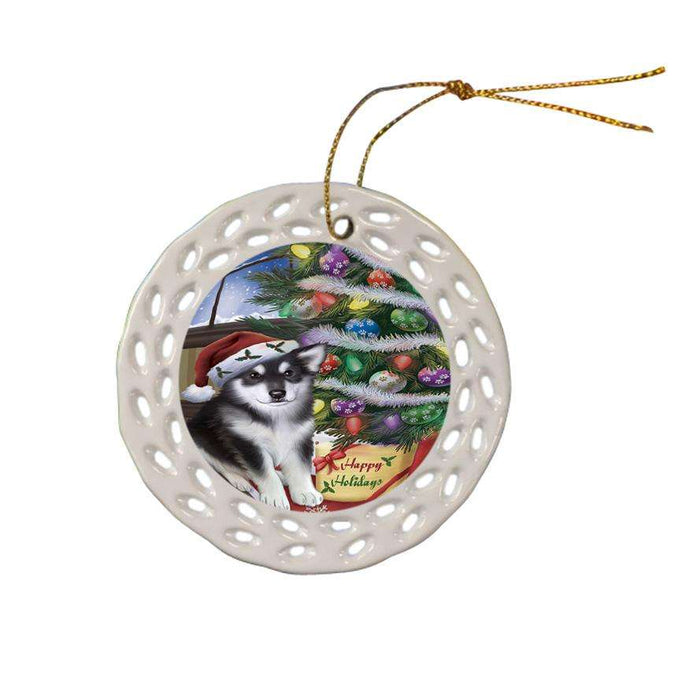 Christmas Happy Holidays Alaskan Malamute Dog with Tree and Presents Ceramic Doily Ornament DPOR53799