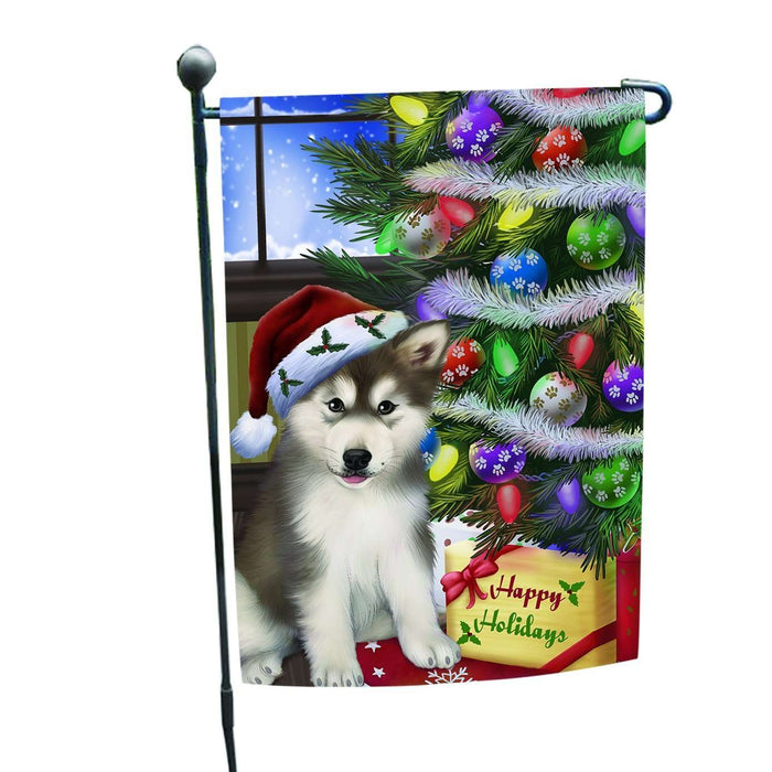 Christmas Happy Holidays Alaskan Malamute Dog with Tree and Presents Garden Flag