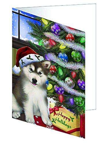 Christmas Happy Holidays Alaskan Malamute Dog with Tree and Presents Handmade Artwork Assorted Pets Greeting Cards and Note Cards with Envelopes for All Occasions and Holiday Seasons
