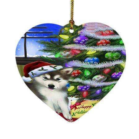 Christmas Happy Holidays Alaskan Malamute Dog with Tree and Presents Heart Ornament D041