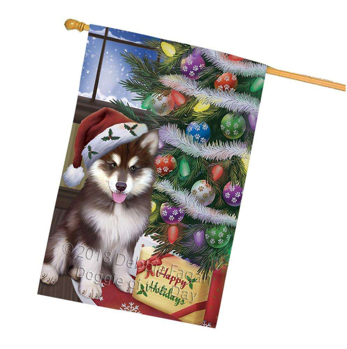 Christmas Happy Holidays Alaskan Malamute Dog with Tree and Presents House Flag FLG53996