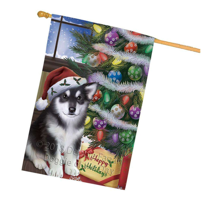 Christmas Happy Holidays Alaskan Malamute Dog with Tree and Presents House Flag FLG53997