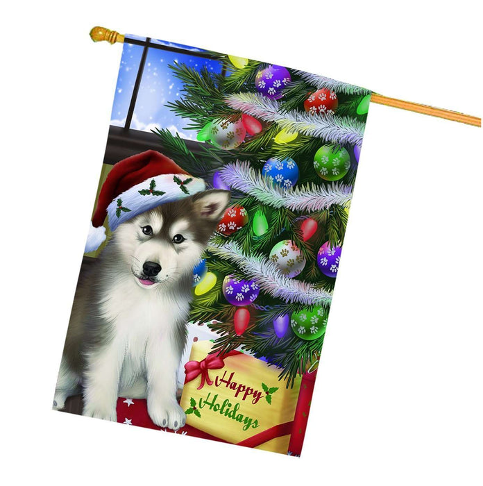 Christmas Happy Holidays Alaskan Malamute Dog with Tree and Presents House Flag