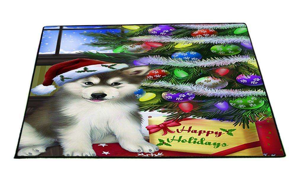 Christmas Happy Holidays Alaskan Malamute Dog with Tree and Presents Indoor/Outdoor Floormat