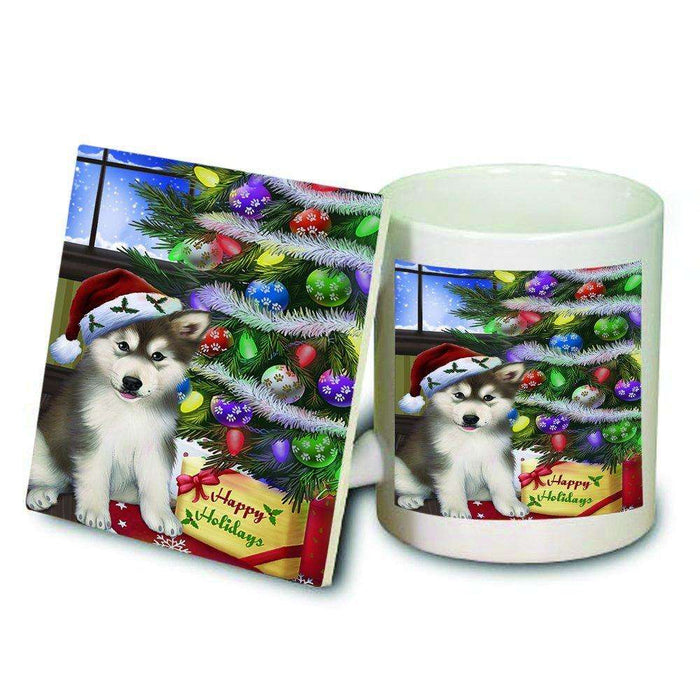 Christmas Happy Holidays Alaskan Malamute Dog with Tree and Presents Mug and Coaster Set