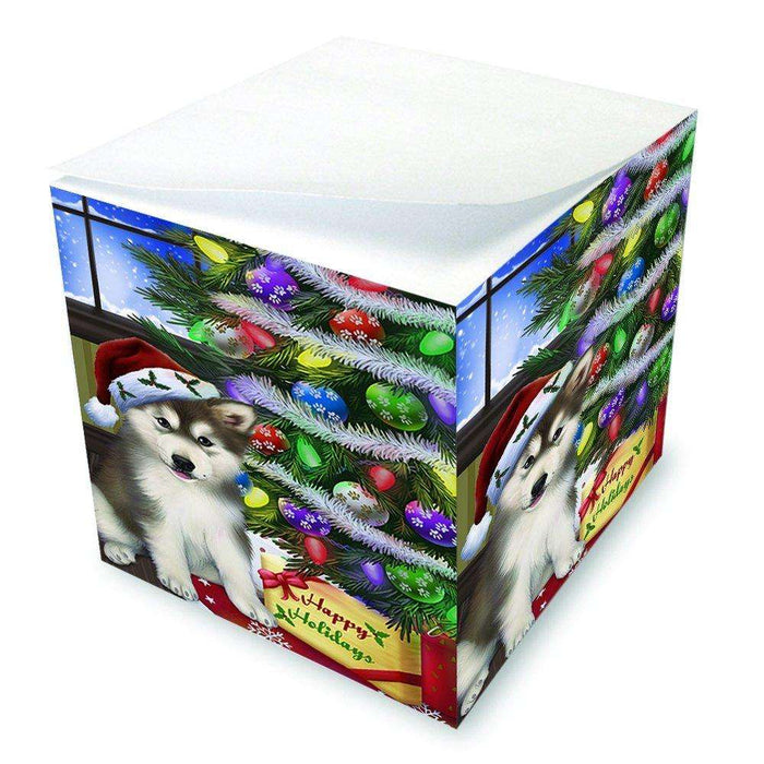 Christmas Happy Holidays Alaskan Malamute Dog with Tree and Presents Note Cube D037