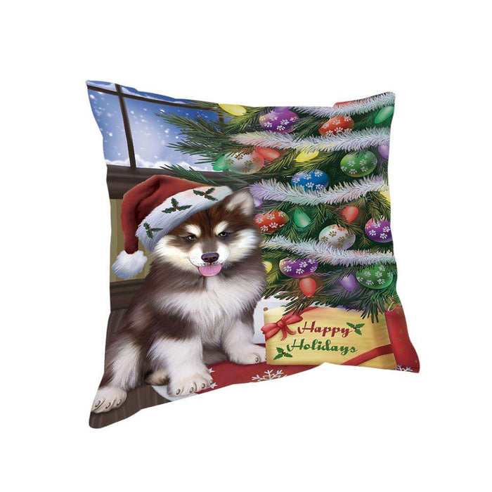 Christmas Happy Holidays Alaskan Malamute Dog with Tree and Presents Pillow PIL71816