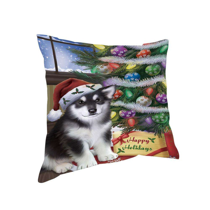 Christmas Happy Holidays Alaskan Malamute Dog with Tree and Presents Pillow PIL71820