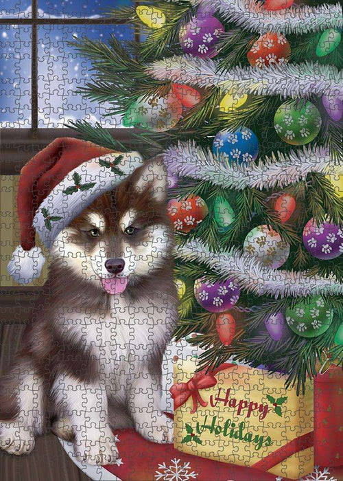 Christmas Happy Holidays Alaskan Malamute Dog with Tree and Presents Puzzle with Photo Tin PUZL82348