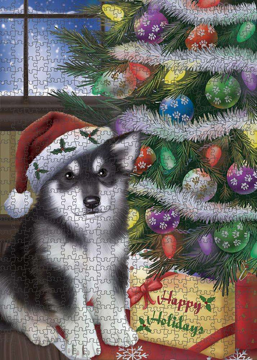 Christmas Happy Holidays Alaskan Malamute Dog with Tree and Presents Puzzle with Photo Tin PUZL82352