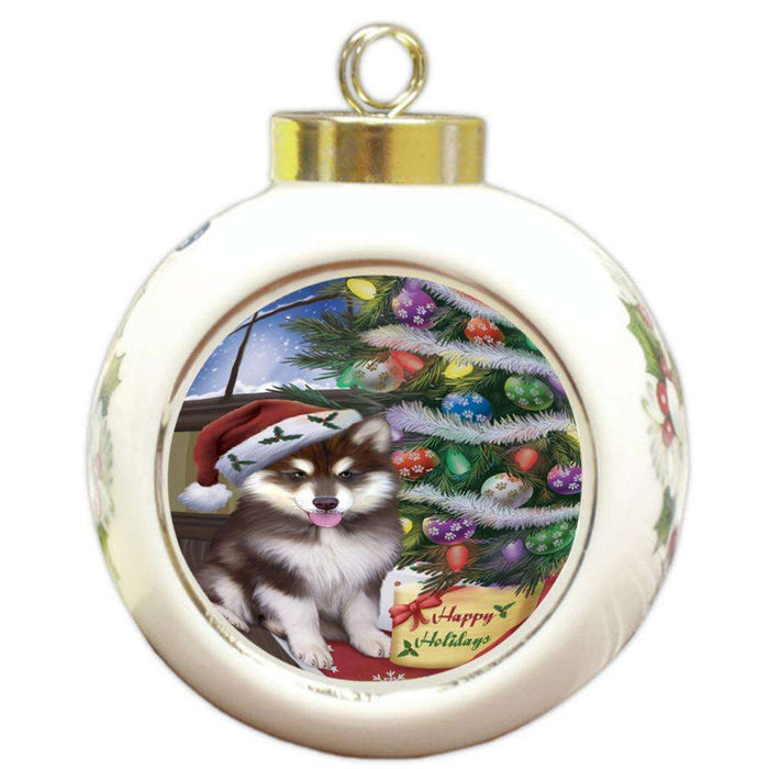 Christmas Happy Holidays Alaskan Malamute Dog with Tree and Presents Round Ball Christmas Ornament RBPOR53798