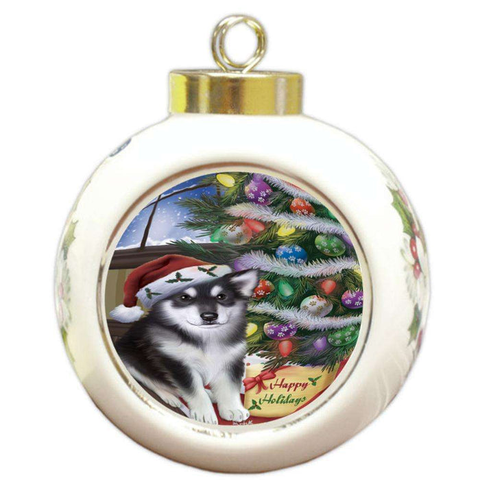 Christmas Happy Holidays Alaskan Malamute Dog with Tree and Presents Round Ball Christmas Ornament RBPOR53799