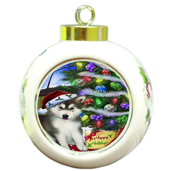 Christmas Happy Holidays Alaskan Malamute Dog with Tree and Presents Round Ball Ornament D041