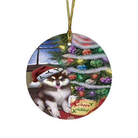 Christmas Happy Holidays Alaskan Malamute Dog with Tree and Presents Round Flat Christmas Ornament RFPOR53789