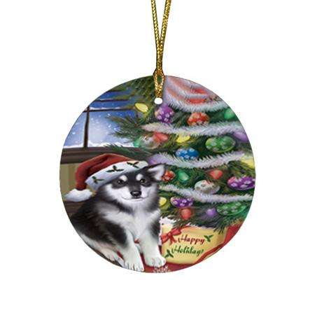 Christmas Happy Holidays Alaskan Malamute Dog with Tree and Presents Round Flat Christmas Ornament RFPOR53790