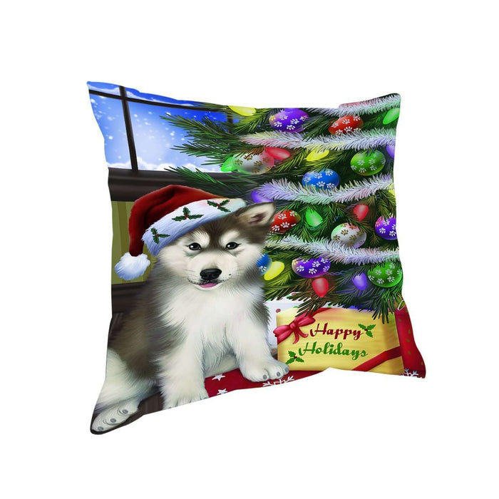 Christmas Happy Holidays Alaskan Malamute Dog with Tree and Presents Throw Pillow