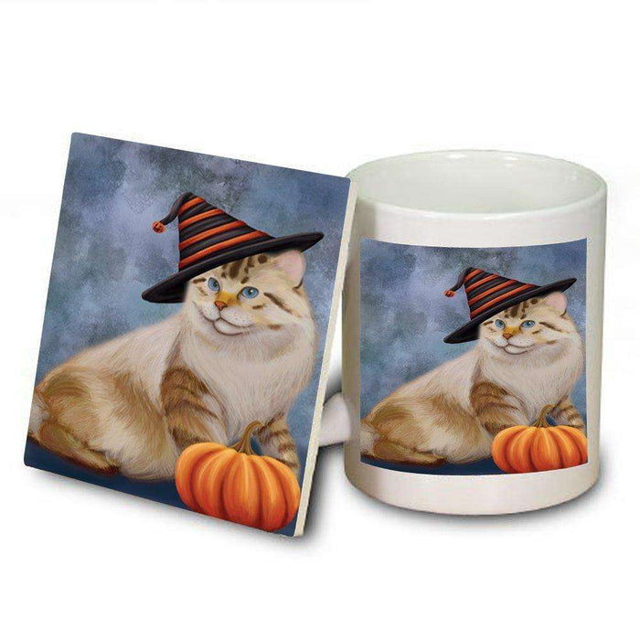 Christmas Happy Holidays American Bobtail Cat Wearing Witch Hat Mug and Coaster Set MUC0036