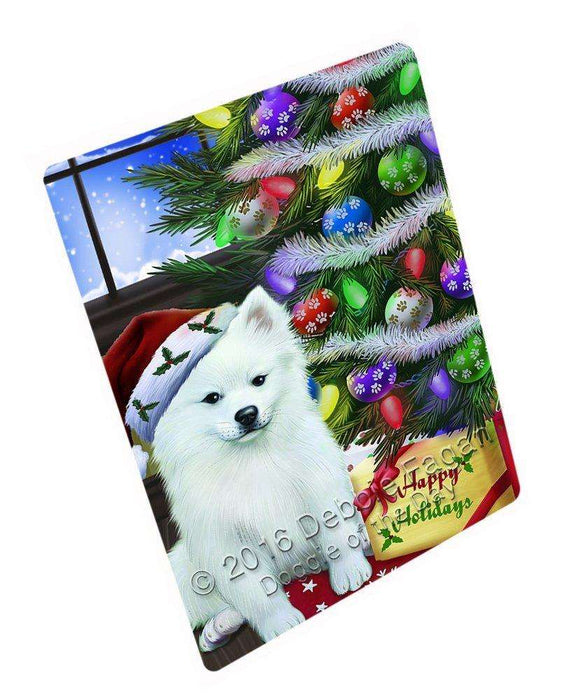 Christmas Happy Holidays American Eskimo Dog with Tree and Presents Art Portrait Print Woven Throw Sherpa Plush Fleece Blanket