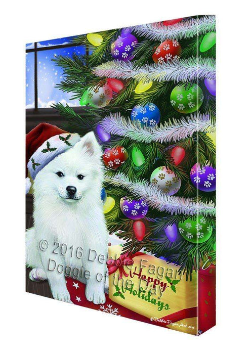 Christmas Happy Holidays American Eskimo Dog with Tree and Presents Canvas Wall Art