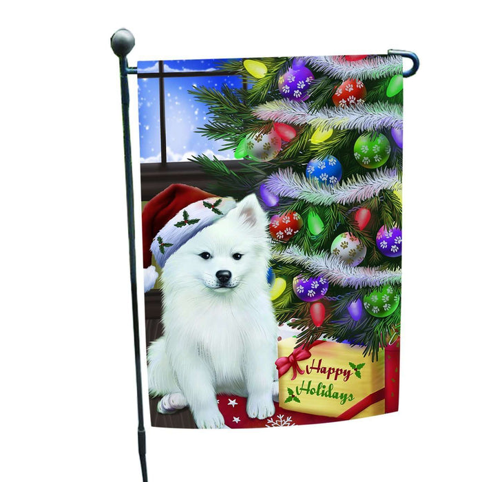 Christmas Happy Holidays American Eskimo Dog with Tree and Presents Garden Flag