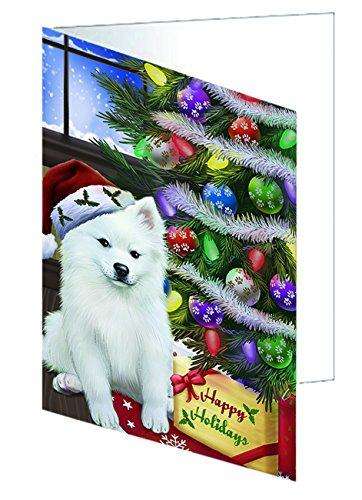 Christmas Happy Holidays American Eskimo Dog with Tree and Presents Handmade Artwork Assorted Pets Greeting Cards and Note Cards with Envelopes for All Occasions and Holiday Seasons