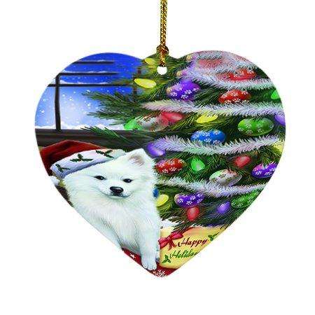 Christmas Happy Holidays American Eskimo Dog with Tree and Presents Heart Ornament D042