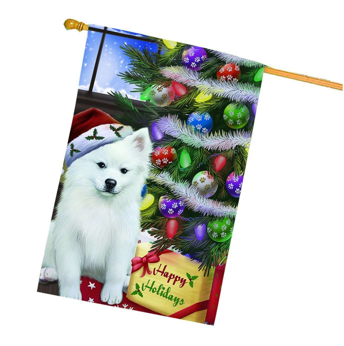 Christmas Happy Holidays American Eskimo Dog with Tree and Presents House Flag
