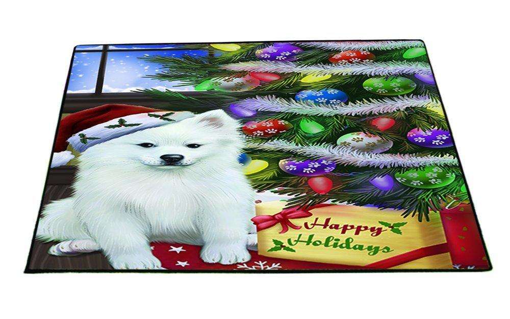 Christmas Happy Holidays American Eskimo Dog with Tree and Presents Indoor/Outdoor Floormat