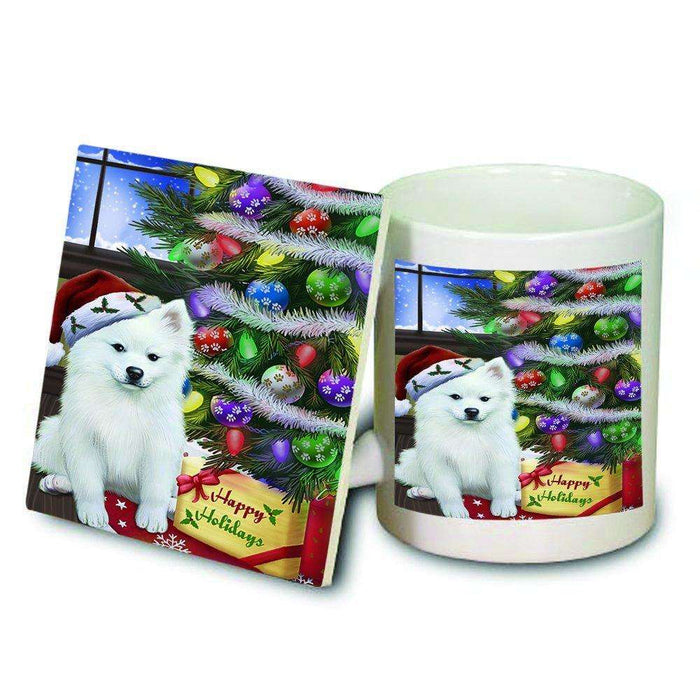 Christmas Happy Holidays American Eskimo Dog with Tree and Presents Mug and Coaster Set