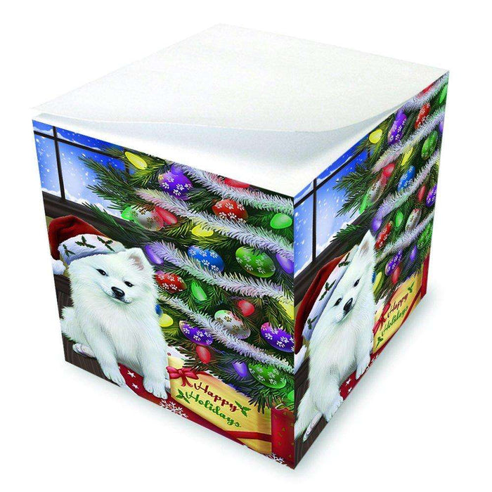 Christmas Happy Holidays American Eskimo Dog with Tree and Presents Note Cube D038