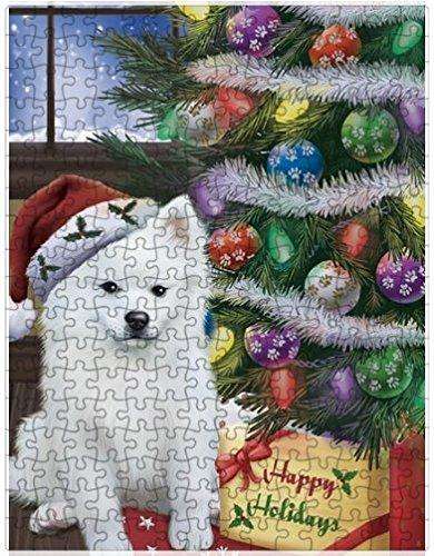 Christmas Happy Holidays American Eskimo Dog with Tree and Presents Puzzle with Photo Tin D012 (300 pc.)