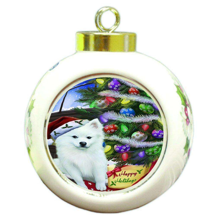 Christmas Happy Holidays American Eskimo Dog with Tree and Presents Round Ball Ornament D042