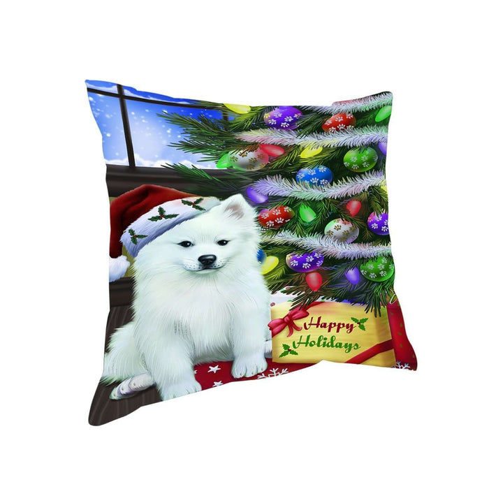 Christmas Happy Holidays American Eskimo Dog with Tree and Presents Throw Pillow