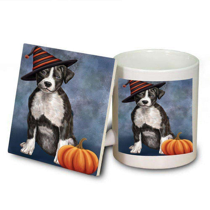 Christmas Happy Holidays American Staffordshire Dog Wearing Witch Hat Mug and Coaster Set MUC0038