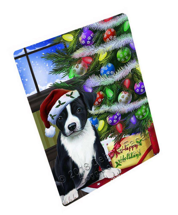Christmas Happy Holidays American Staffordshire Terrier Dog with Tree and Presents Blanket BLNKT98256