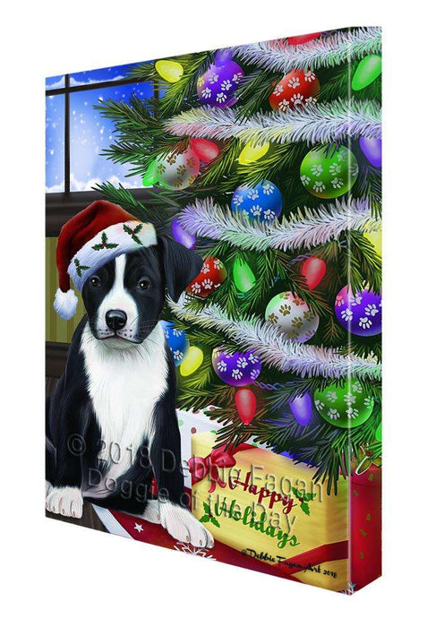 Christmas Happy Holidays American Staffordshire Terrier Dog with Tree and Presents Canvas Print Wall Art Décor CVS98765