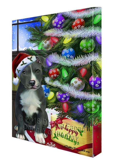 Christmas Happy Holidays American Staffordshire Terrier Dog with Tree and Presents Canvas Print Wall Art Décor CVS98783