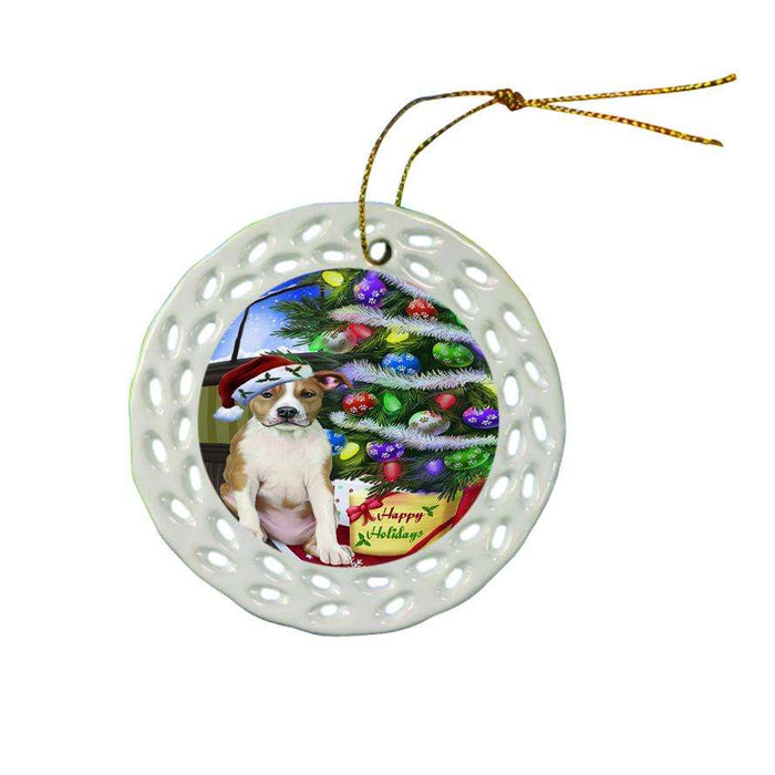 Christmas Happy Holidays American Staffordshire Terrier Dog with Tree and Presents Ceramic Doily Ornament DPOR53434