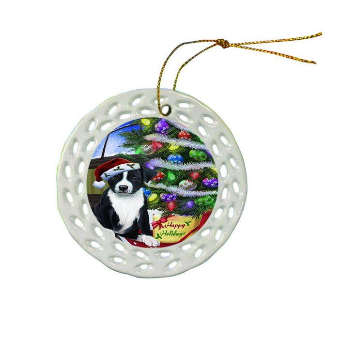 Christmas Happy Holidays American Staffordshire Terrier Dog with Tree and Presents Ceramic Doily Ornament DPOR53435