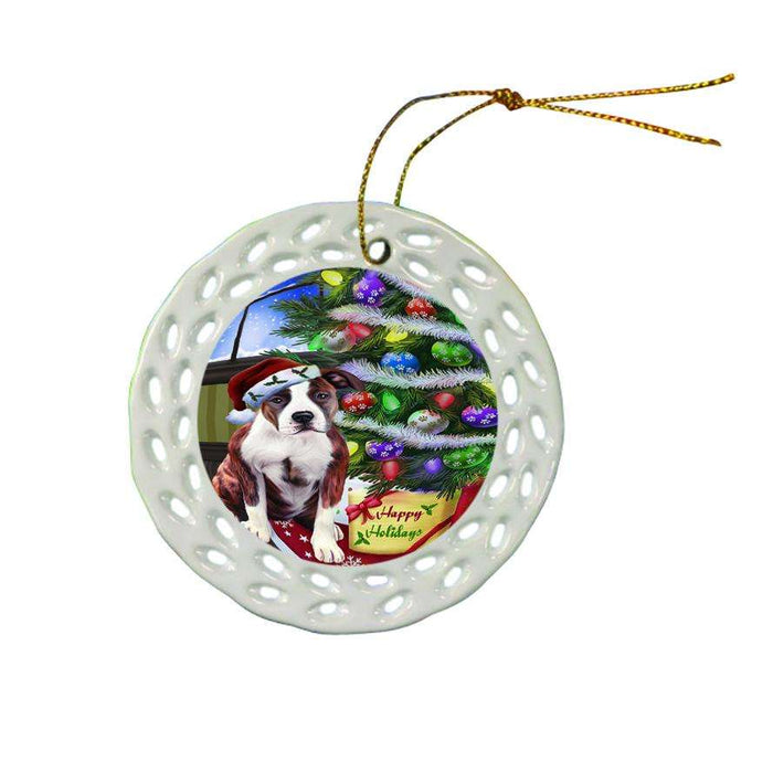 Christmas Happy Holidays American Staffordshire Terrier Dog with Tree and Presents Ceramic Doily Ornament DPOR53436