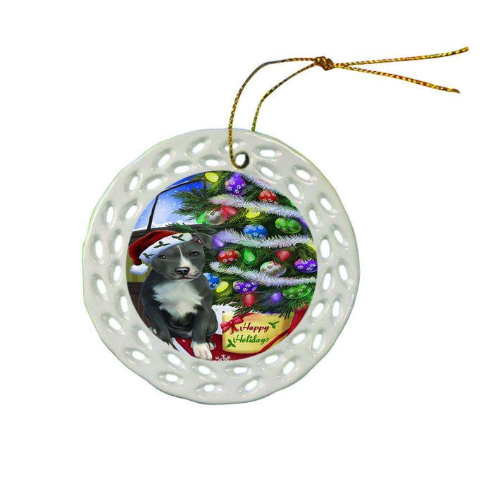 Christmas Happy Holidays American Staffordshire Terrier Dog with Tree and Presents Ceramic Doily Ornament DPOR53437