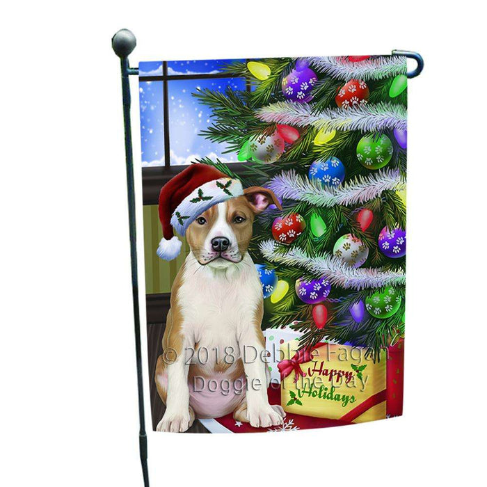 Christmas Happy Holidays American Staffordshire Terrier Dog with Tree and Presents Garden Flag GFLG53496