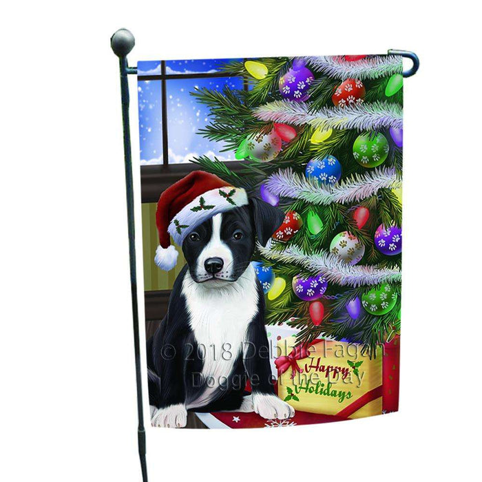 Christmas Happy Holidays American Staffordshire Terrier Dog with Tree and Presents Garden Flag GFLG53497