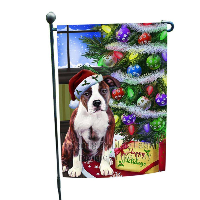 Christmas Happy Holidays American Staffordshire Terrier Dog with Tree and Presents Garden Flag GFLG53498