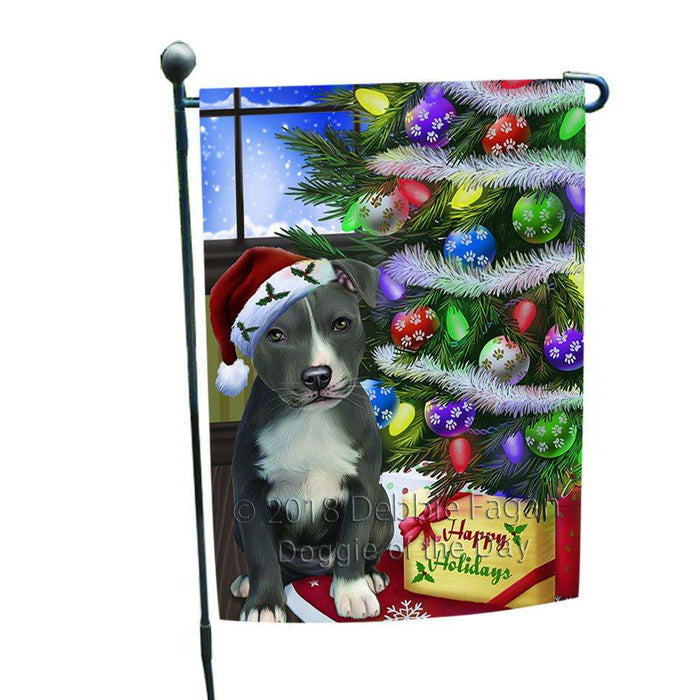 Christmas Happy Holidays American Staffordshire Terrier Dog with Tree and Presents Garden Flag GFLG53499