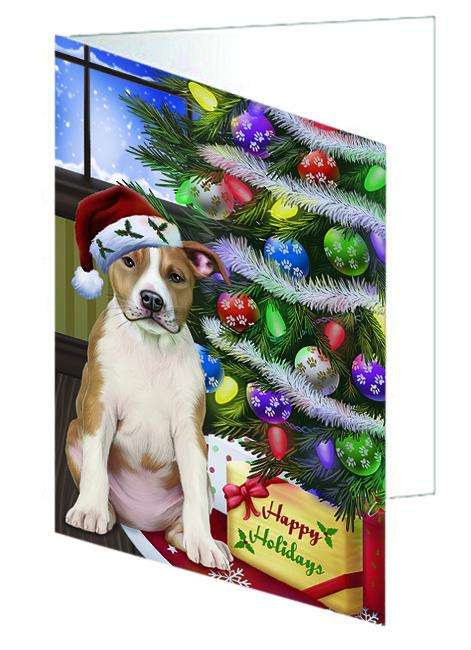 Christmas Happy Holidays American Staffordshire Terrier Dog with Tree and Presents Handmade Artwork Assorted Pets Greeting Cards and Note Cards with Envelopes for All Occasions and Holiday Seasons GCD64331